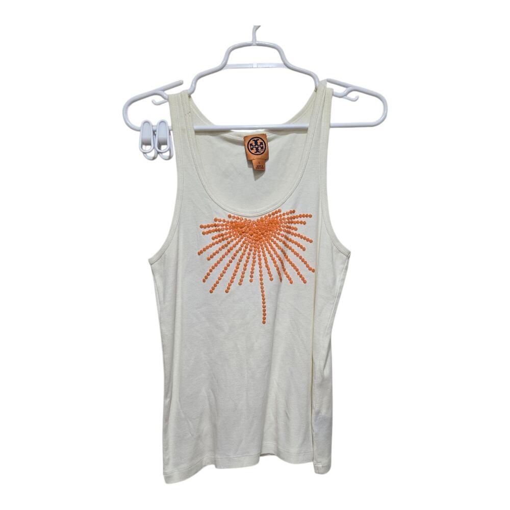 Tory Burch - Cream Tank Top with Orange Embellishment Large